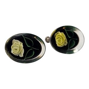 Vintage Oval Lucite Floral Screw-On Earrings Carved Roses on Black‎ Background